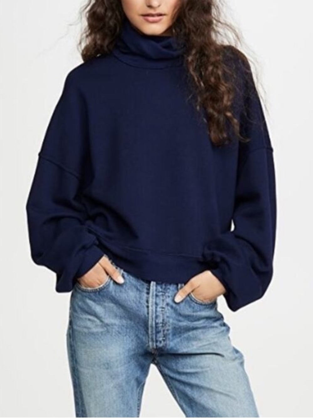 Agolde Navy Cotton Knit Ballon Sleeve Turtleneck Sweater